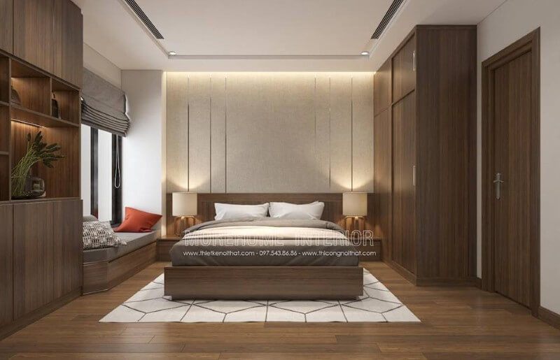 Hệ thống tủ quần áo, tủ trang trí và tab đầu giường cùng dùng chung một chất liệu gỗ và màu sắc nhất định kết hợp với màu trắng của nền tường tạo nên không gian nghỉ ngơi tuyệt vời cho gia chủ.