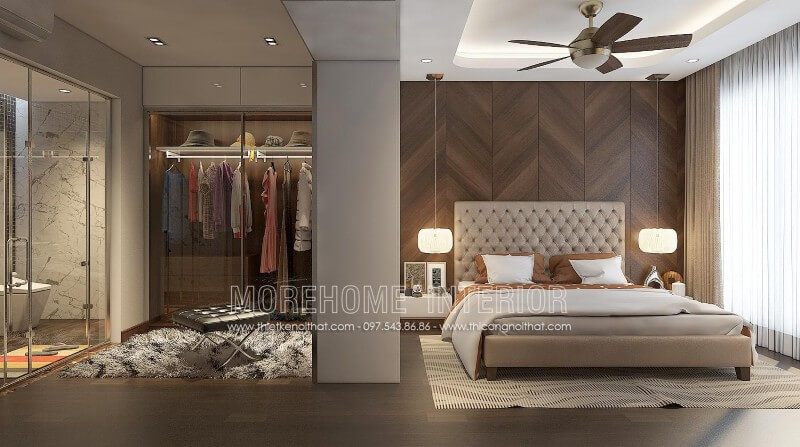 Giường ngủ bọc da hiện đại được ưa chuộng hiện nay với điểm nhấn ở đầu giường cách điệu và chân giường sử dụng gỗ sồi phun sơn chất lượng cao cấp tạo nên căn phòng vững chãi mà không kém phần sang trọng