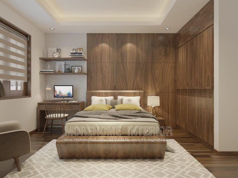 Gợi ý mẫu giường ngủ chung cư hiện đại với chất liệu gỗ óc chó sang trọng và cuốn hút